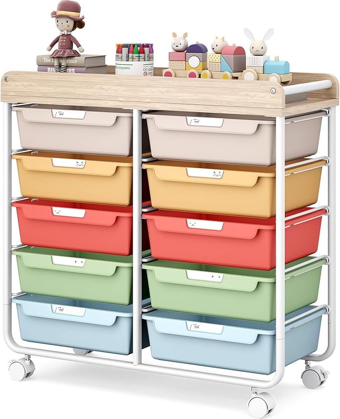 10 Drawers Rolling Cart with Wooden Tabletop, Utility Storage Cart with Wheels, Art Supply Craft Organizer on Wheel with Metal Frame & Handles for Home Office School,Colorful