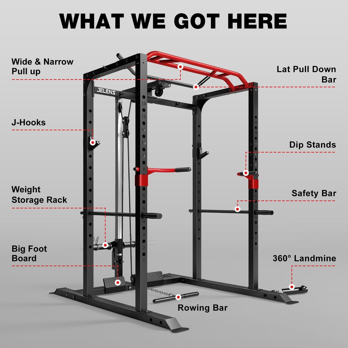 JELENS S11 Power Cage, 2000LB Multi-Function Power Rack with LAT Pulldown, Squat Rack with Adjustable Pulley System and Training Attachments, Weight Rack for Home Gym