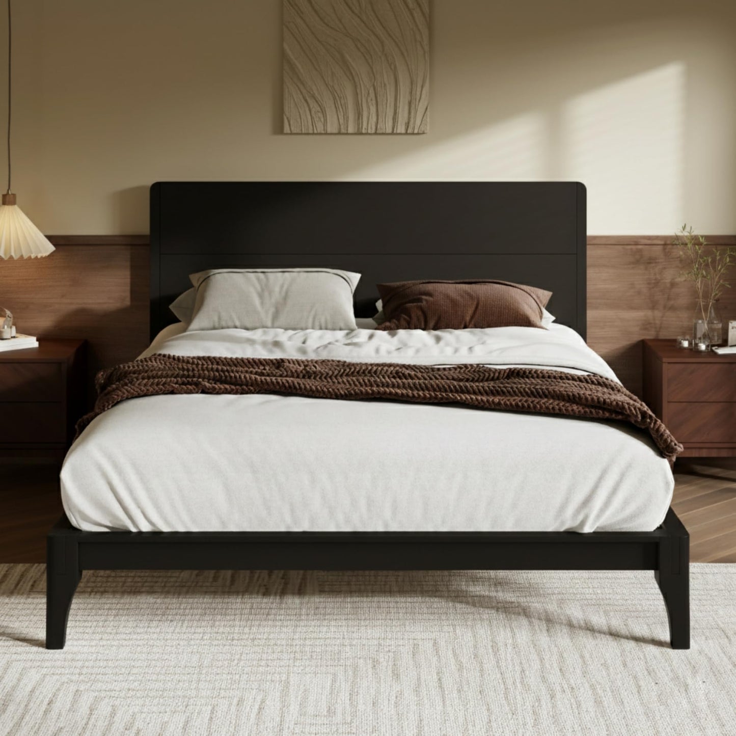 Merax Full Size Bamboo Platform Bed, Mid-Century Modern Bed Frame with Tall Headboard, Solid Sustainable Bedframe Full-Size, Wood Slat Support, No Box Spring Needed, Easy Assembly, Noise Free, Black