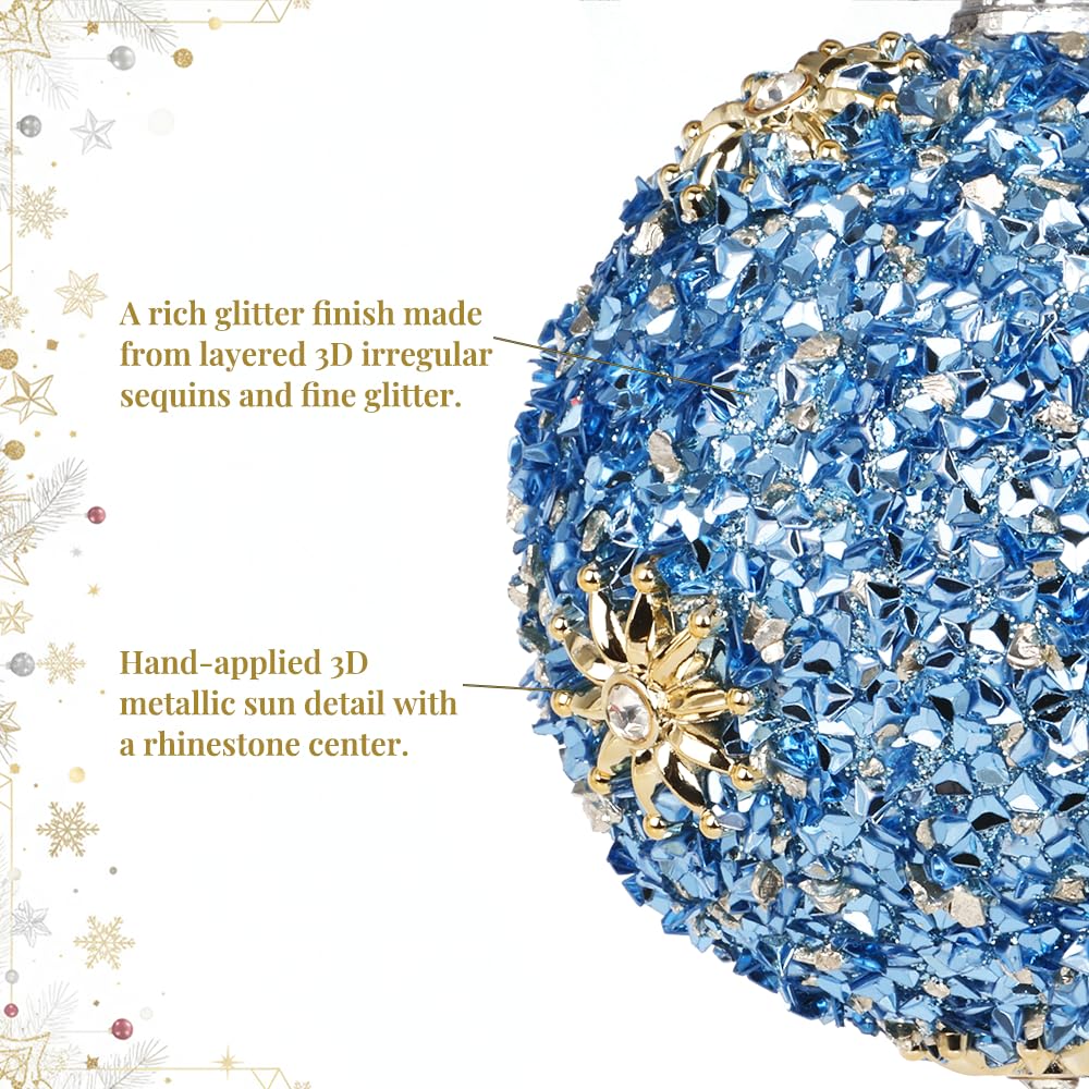 Set of 4 White & Blue Christmas Tree Ornaments, 3.15" Glitter Crushed-Ice Ball Ornaments with Gold Sunburst Accents, Handcrafted Shatterproof Hanging Decorations for Xmas Tree & Holiday Home Decor