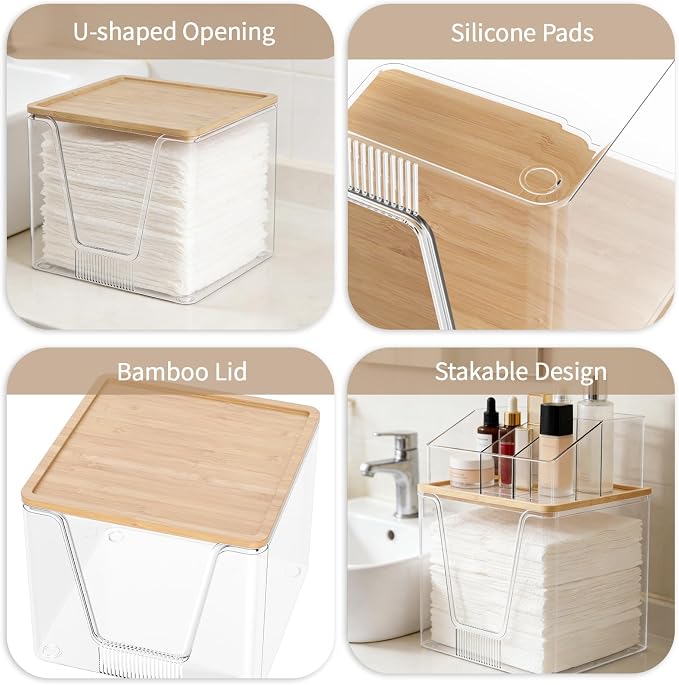 2 in 1 Disposable Facial Towel Holder and Cosmetic Organizer, Clear Storage with Bamboo Lid Compatible with Clean Skin Club Towel XL, Stackable Vanity Organizer for Bathroom Vanity Counter (2 Pack)