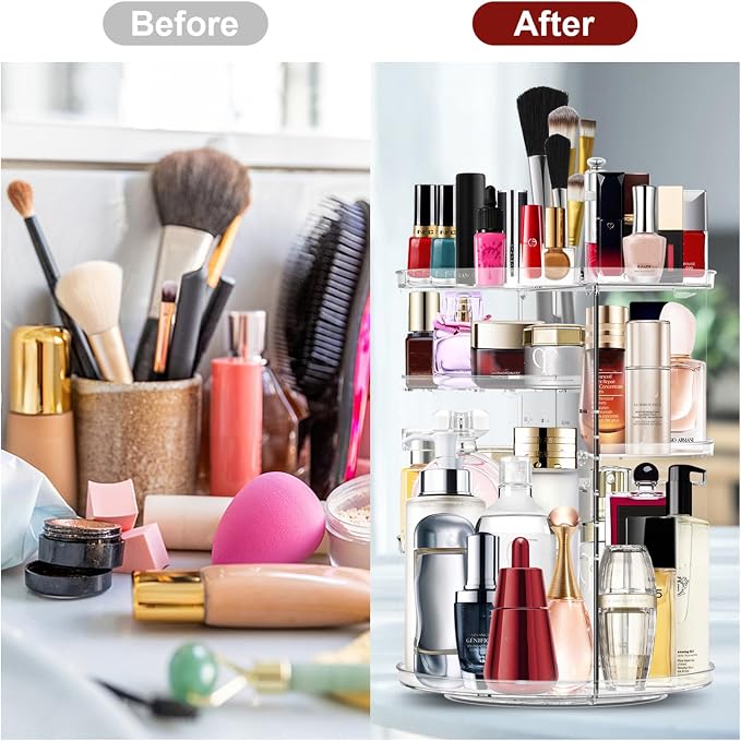 Makeup Organizer 360 Degree Rotating Cosmetic Organizer DIY Adjustable Makeup Carousel Spinning Holder Rack, Large Capacity Cosmetic Storage Box Makeup Brushes Organizer for Vanity Countertop (Clear)