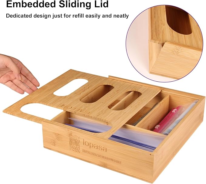 LOPASA Baggie Organizer for Drawer Compatible with Ziplock Food Storage Bag, Sandwich Bag Organization for Kitchen Drawer, Plastic Baggie Storage Box for Pantry(Bamboo)