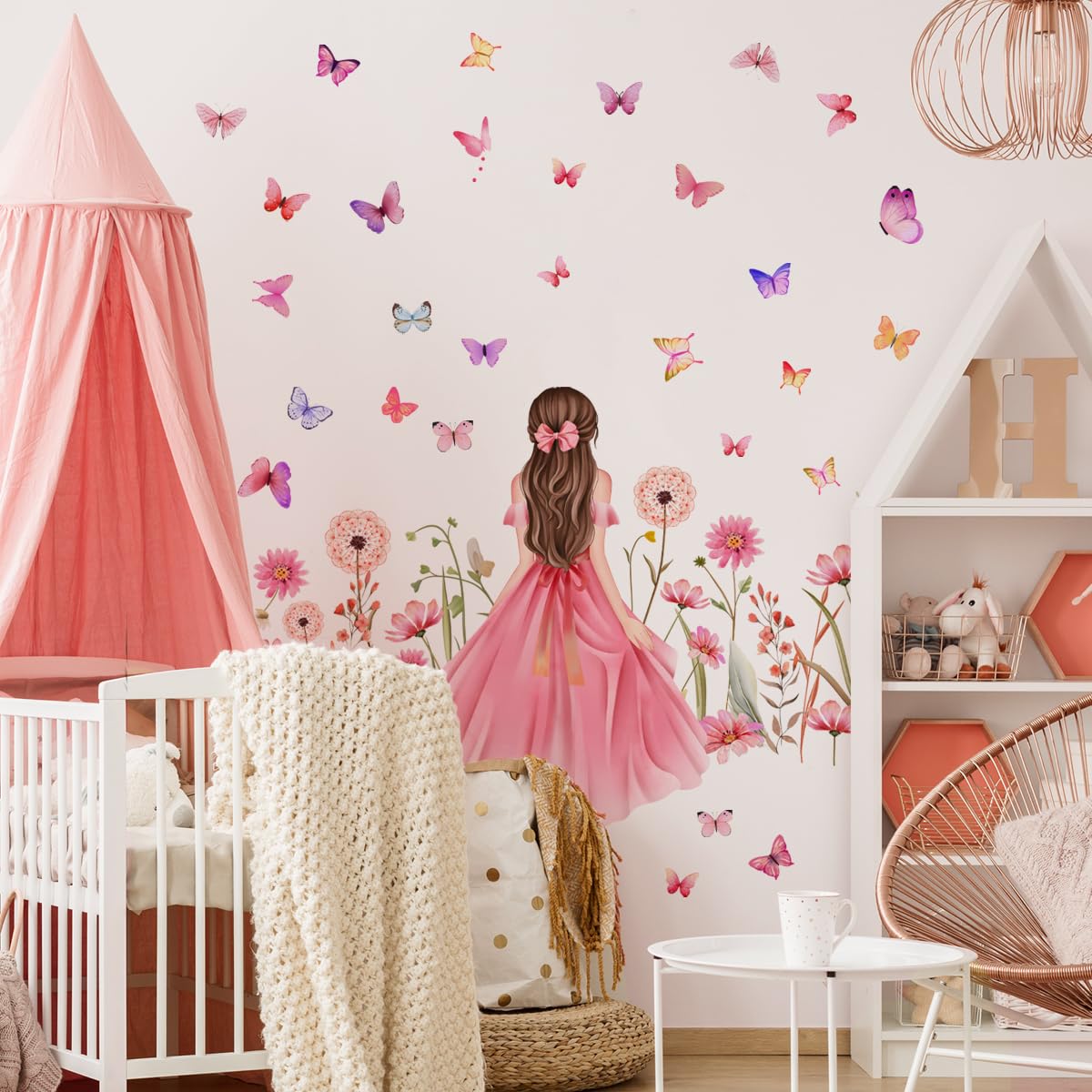 Pink Flower Wall Sticker DIY Purple Princess Dandelion Floral Butterfly Wall Stickers for Girls Bedroom Baby Nursery Kids Room Wall Decor Removable Waterproof