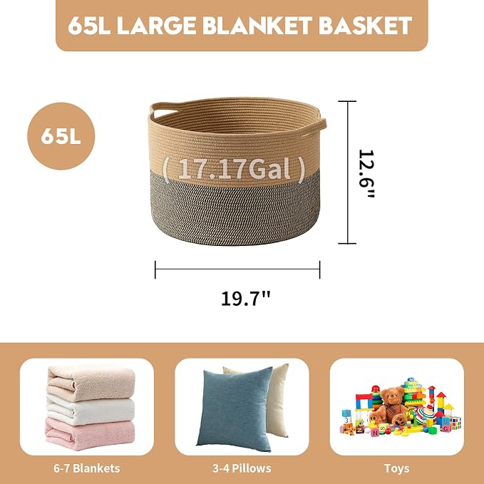 Foldable Laundry Hamper Basket with Collapsible Handle Cotton Rope Soft Woven Fabric Storage Organizer Clothes Toys Nursery Bedroom Dorm Space Saving Bin (Camel & Mix Camel, 65L(19.7"D x 12.6"H))
