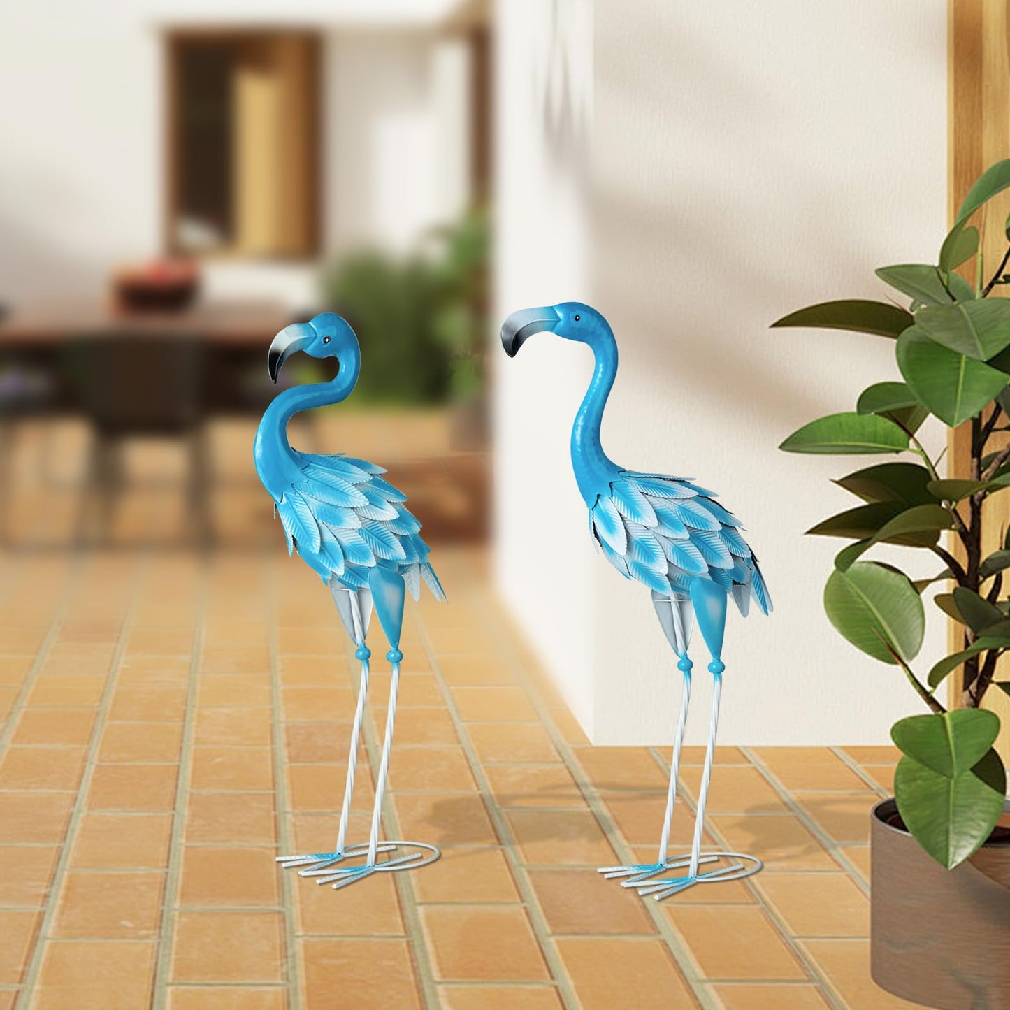 SUNREEK Metal Flamingo Statues, 2Pcs Blue Flamingo Yard Art Sculptures for Garden Home Patio Lawn Backyard Decorations