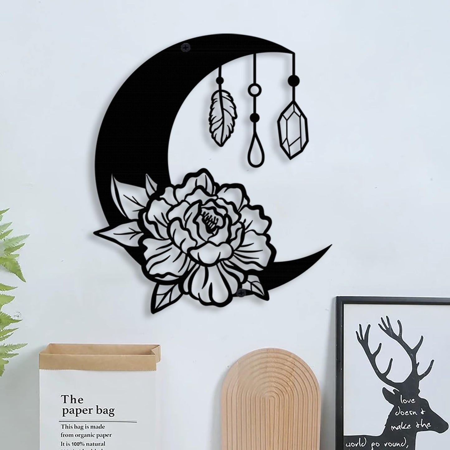 DUOOLN Moon Metal Floral Art Decor - 11" Black Boho Floral Rose Star Phase Wall Sign, Half Moon Flower Sculpture Hanging Wall Decor for Bedroom Living Room Home Wall Decoration