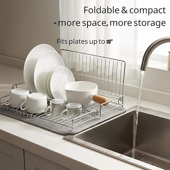Foldable Dish Drying Rack, Small Dish Drying Rack for Narrow Kitchen Counter, Compact Dishes Drying Rack with Grey Drying Mat - Collapsible, Stainless Steel, Silver