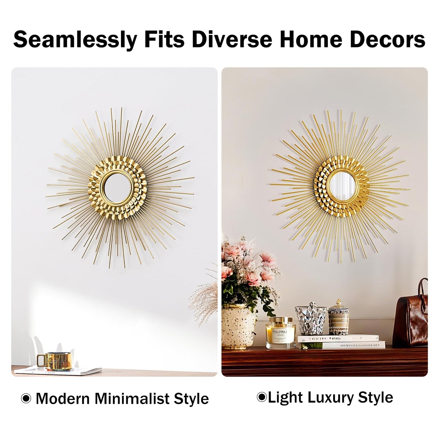 QuiltMuse Wall Decor Metal Sunburst Mirror for Living Room - Home Accent, Ready to Hang Bedroom Decoration