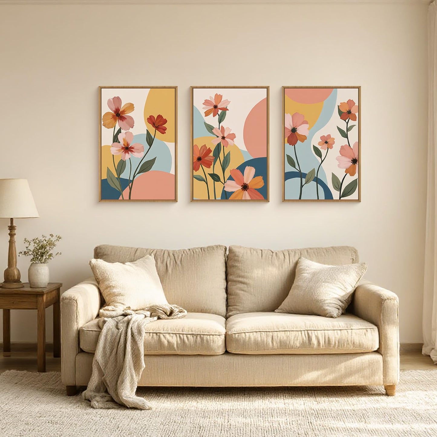 FWIEXA Boho Floral Canvas Wall Art,Pink Flower Pictures Wall Decor,Modern Orange Flowers Wall Art,Abstract Plant Botanical Art Print,Wildflower Bohemian Artwork for Bedroom Rustic Farmhouse 16x24''x3