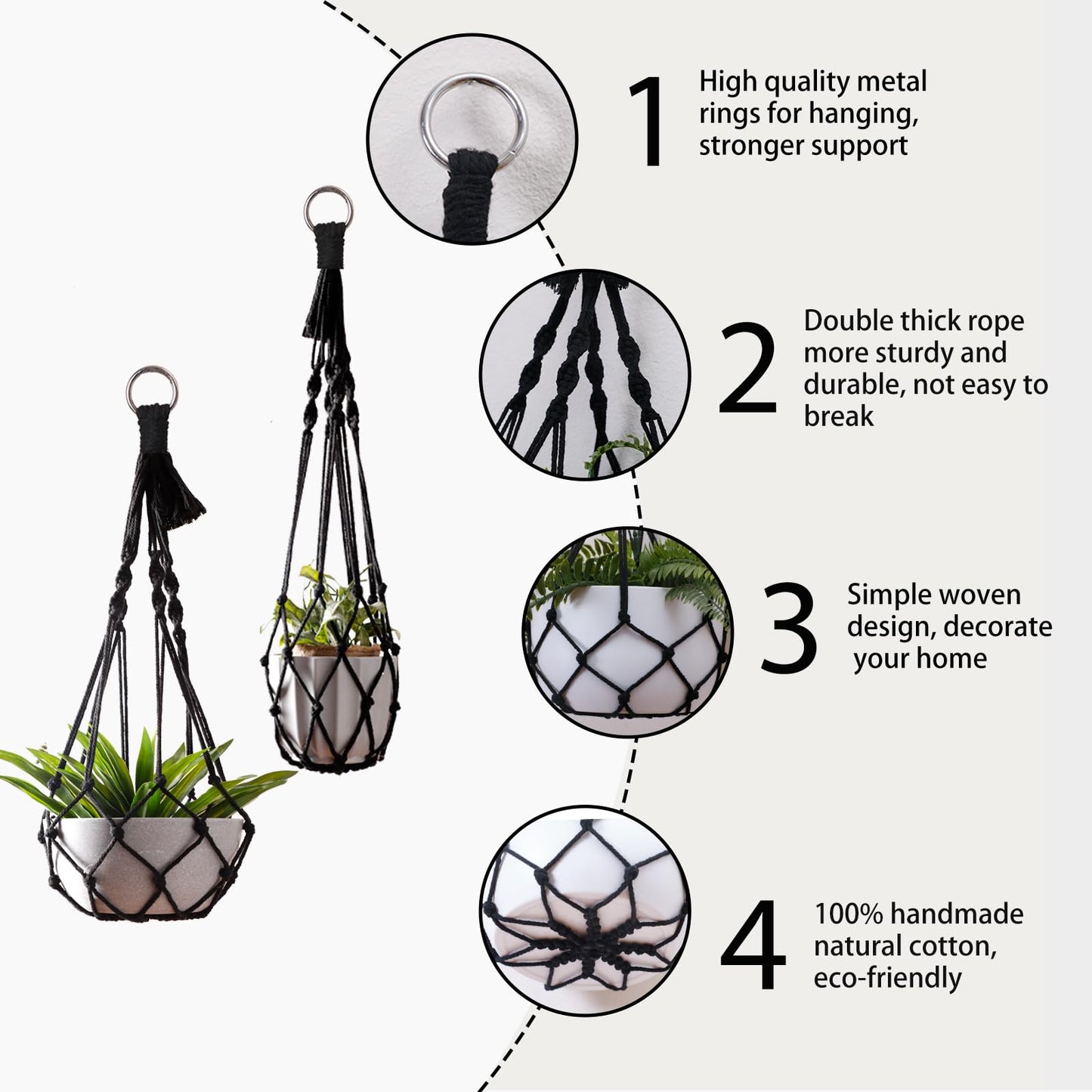 Artilady Black Plant Hanger Macrame Hanging Planter for Indoor Boho Plants Holder with Hooks Hanging Plant Basket Outdoor Window Wall Plants Home Decor (Black Macrame-2pcs)