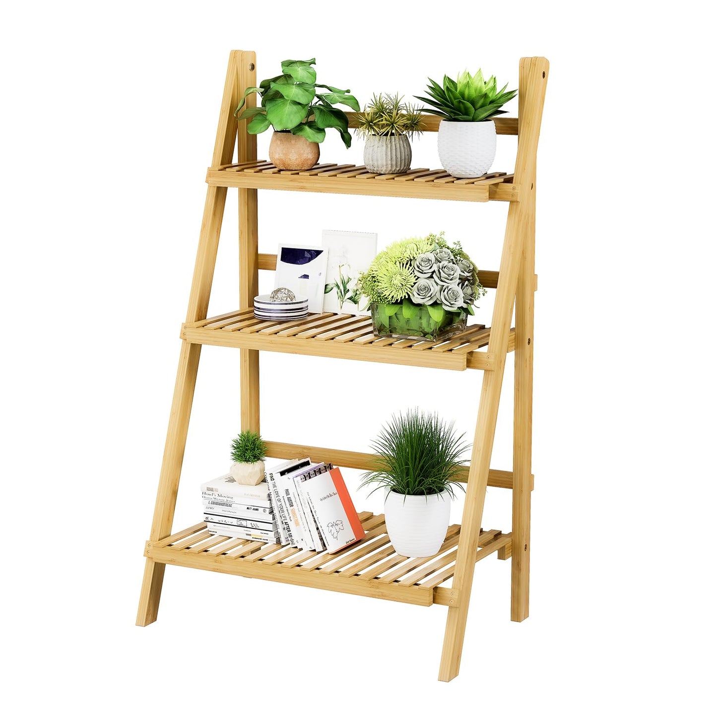 Foldable Ladder Shelf 39.4", Plant Shelf 3 Tier, Bamboo Ladder Flower Pot Display Shelf, Freestanding Ladder Bookshelf for Living Room, Balcony, Yard, Garden, 23.6"W x 15"D x 39.4"H, Natural