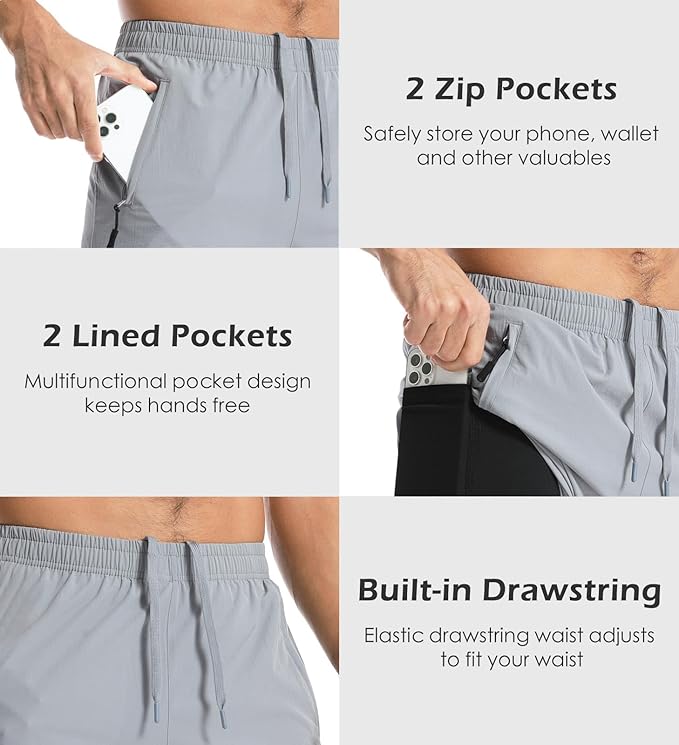 Aolesy Men's Gym Shorts Linerless & Liner - 5" Quick Dry Workout Running Shorts with Zip Pockets Sports Athletic Shorts