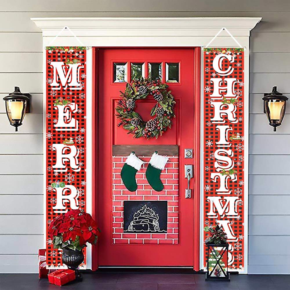 FECEDY Merry Christmas Hanging Banner Porch Sign with Pattern Christmas Tree Presents Snow Banner for Home Yard Indoor Outdoor Wall Door Christmas Party Decorations 72"x12"