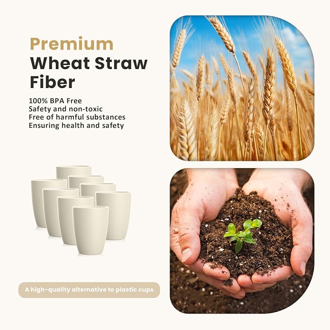 Homienly Wheat Straw Cups 8 PCS Plastic Cups Unbreakable Drinking Cup Reusable Dishwasher Safe Water Glasses with Beige Colors (12 OZ)