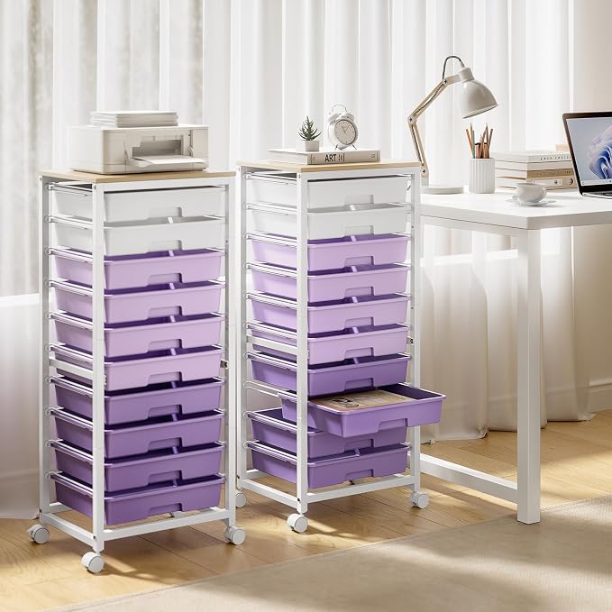 SYKIARIOL Rolling Cart with Drawers,10 Drawer Rolling Cart,Storage Cart with Wheels,Utility Cart with Drawers,Teacher Cart for Classroom Storage,Craft Cart with Wheels and Wooden Tabletop,Purple