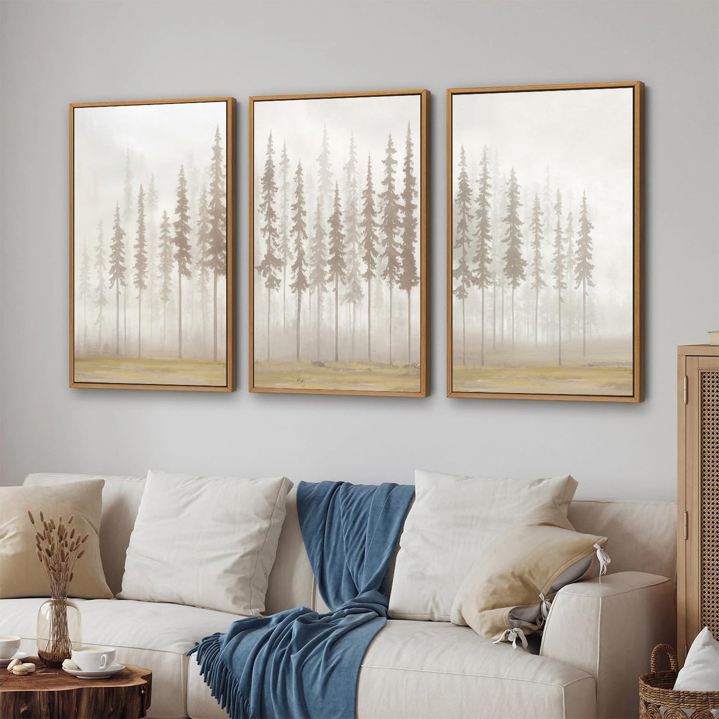 SIGNINART Large Pine Tree Framed Canvas Wall Art Set, Foggy Forest Landscape Wall Decor, Modern Beige Nature Artwork, Misty Forest Wall Painting for Living Room, Bedroom,Office 16 x24 x3
