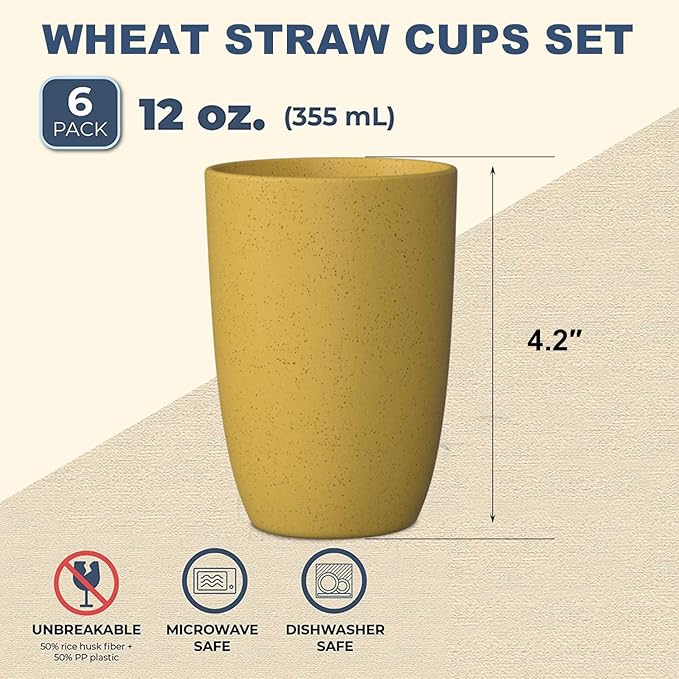 Wrova Wheat Straw Cups 6 PCS Good Alternative to Plastic Reusable Cups 12 oz Unbreakable Drinking Cup Reusable Dishwasher Safe Water Plastic Glasses Yellow
