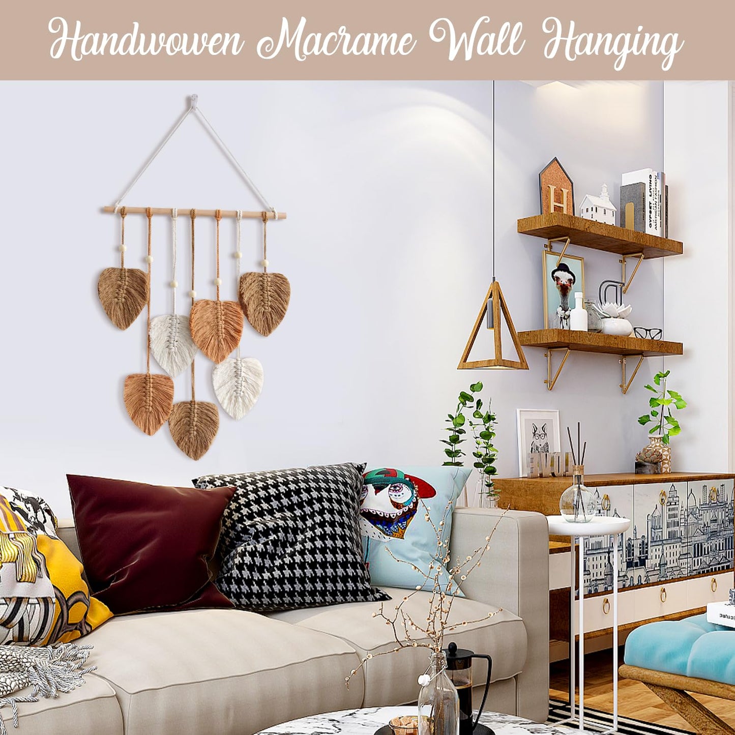 Urbun Macrame Leaves Wall Hanging Boho Macrame Wall Decor Handmade Yarn Woven Wall Art Leaf Tapestry Bohemian Decoration for Nursery Bedroom Living Room,15.7 x35.4Inch