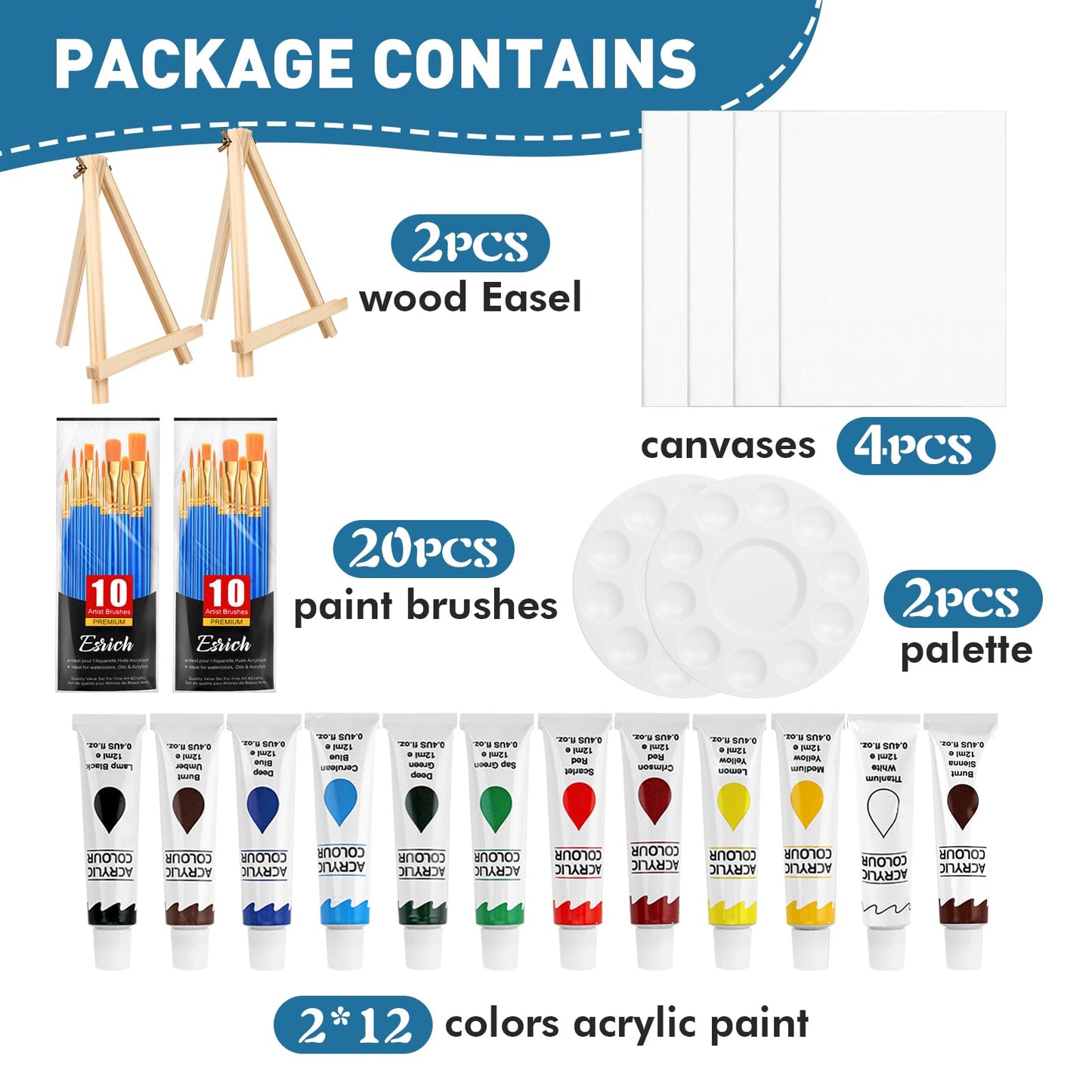 ESRICH 52PCS Acrylic Paint Canvas Set, Acrylic Painting Kit with 2 Set of 12 Colors Acrylics Paint,Paint Brushes,Canvas, Wooden Easels, Art Plates, Art Painting Supplies for Kids Adults Beginners