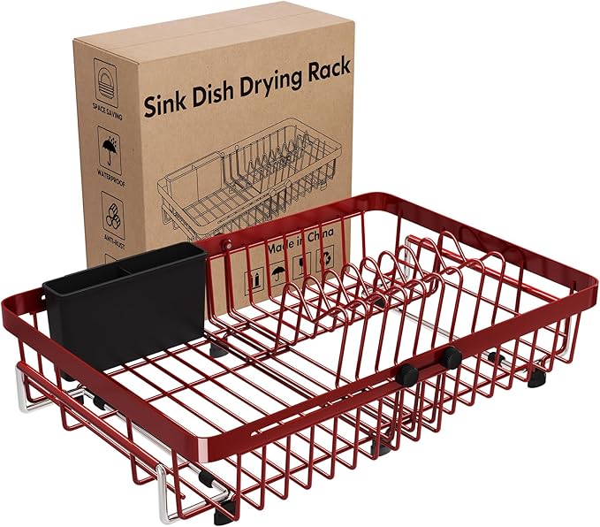 MAJALiS Red Dish Drying Rack Over The Sink, Expandable Stainless Steel Dish Drainer for Small Kitchen Counter Space Saving, RV Compact Plate Strainer in Metal with Hanging Adjustable Utensil Holder