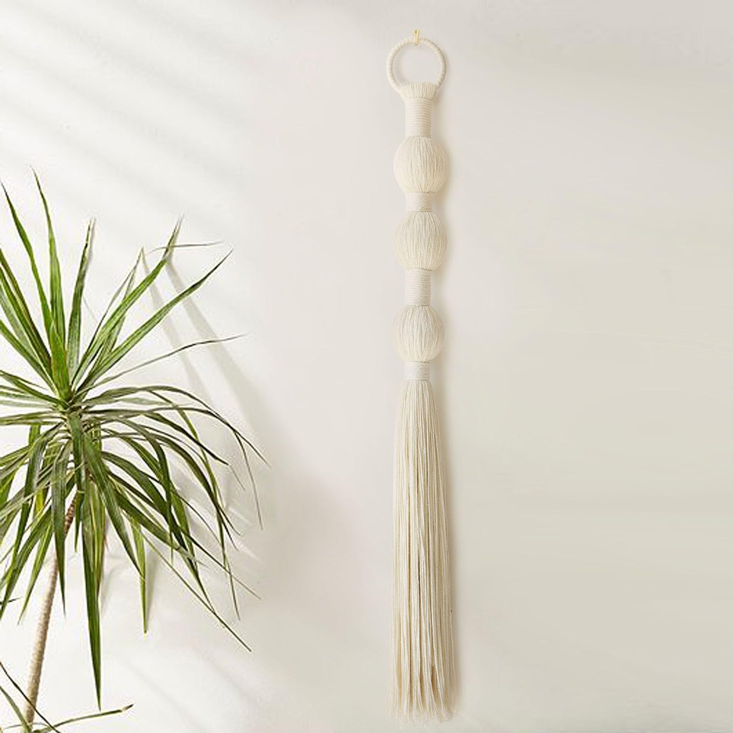 IOWER Macrame Wall Hanging Small Sphericity Cotton Textile Tassel Wall Hanging Fiber Yarn Art for Living Room Bedroom 27'' L x 2.3'' W