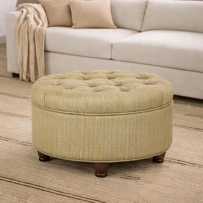 Homepop Home Decor |N8264-F1077 | Button Tufted Woven Round Storage Ottoman | Ottoman with Storage for Living Room & Bedroom, Tan & Cream Tweed