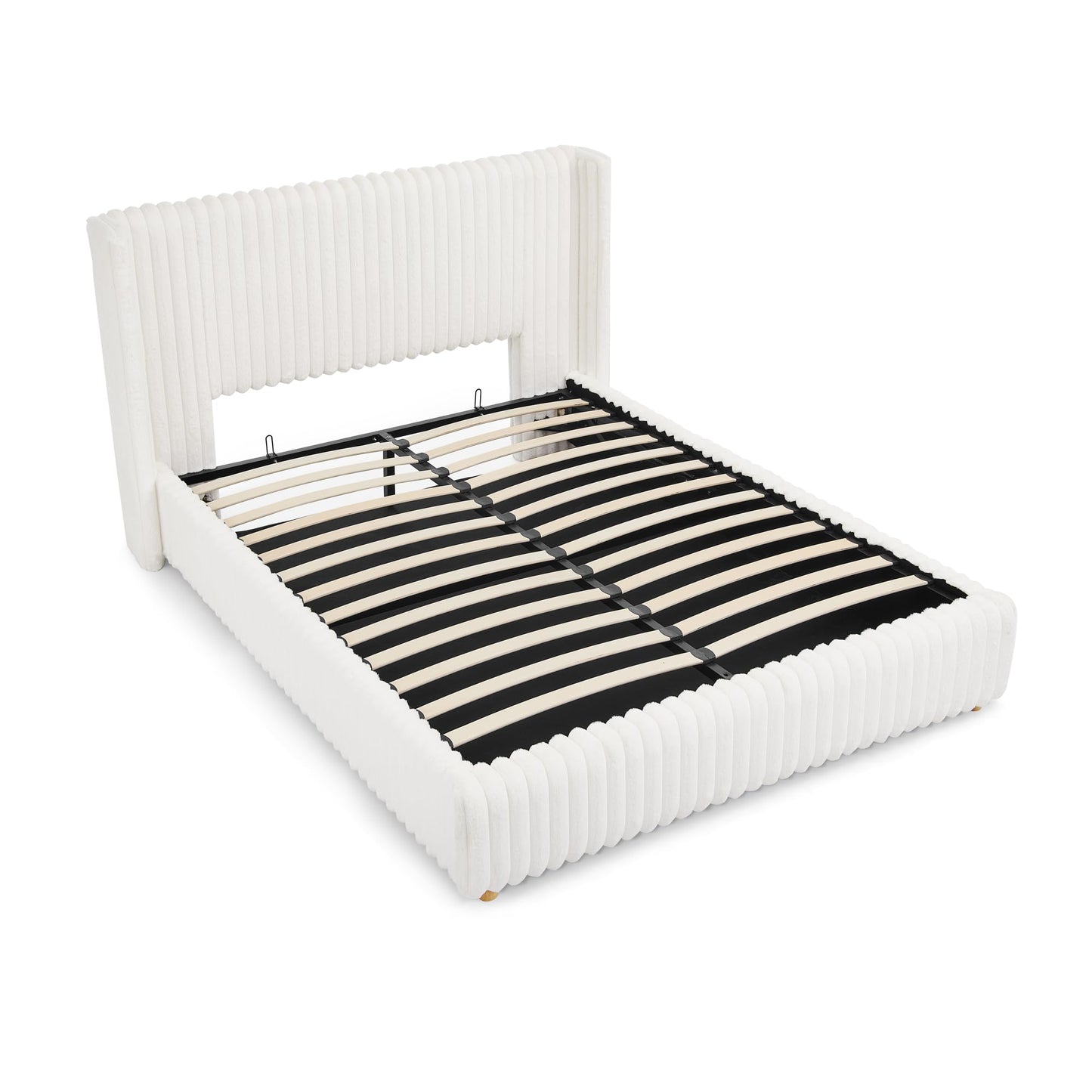 Tabaray Queen Bed Frame with Storage, Upholstered Platform Bed Frame with Plush Rabbit Fur Headboard, Adult Floor Bedframe with Wooden Slats Support, No Box Spring Needed for Bedroom, Apartment, Beige