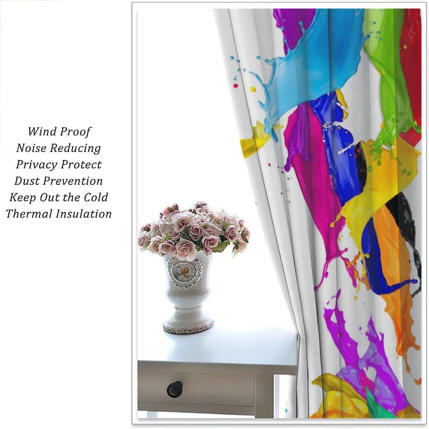 Yoakiet Colorful Paint Curtains, Rainbow Color Creative Abstract Splatter Paint Painting Art White Background Print Rod Pocket Window Treatments Drapes for Bedroom Kitchen Living Room 42" W X 45" L
