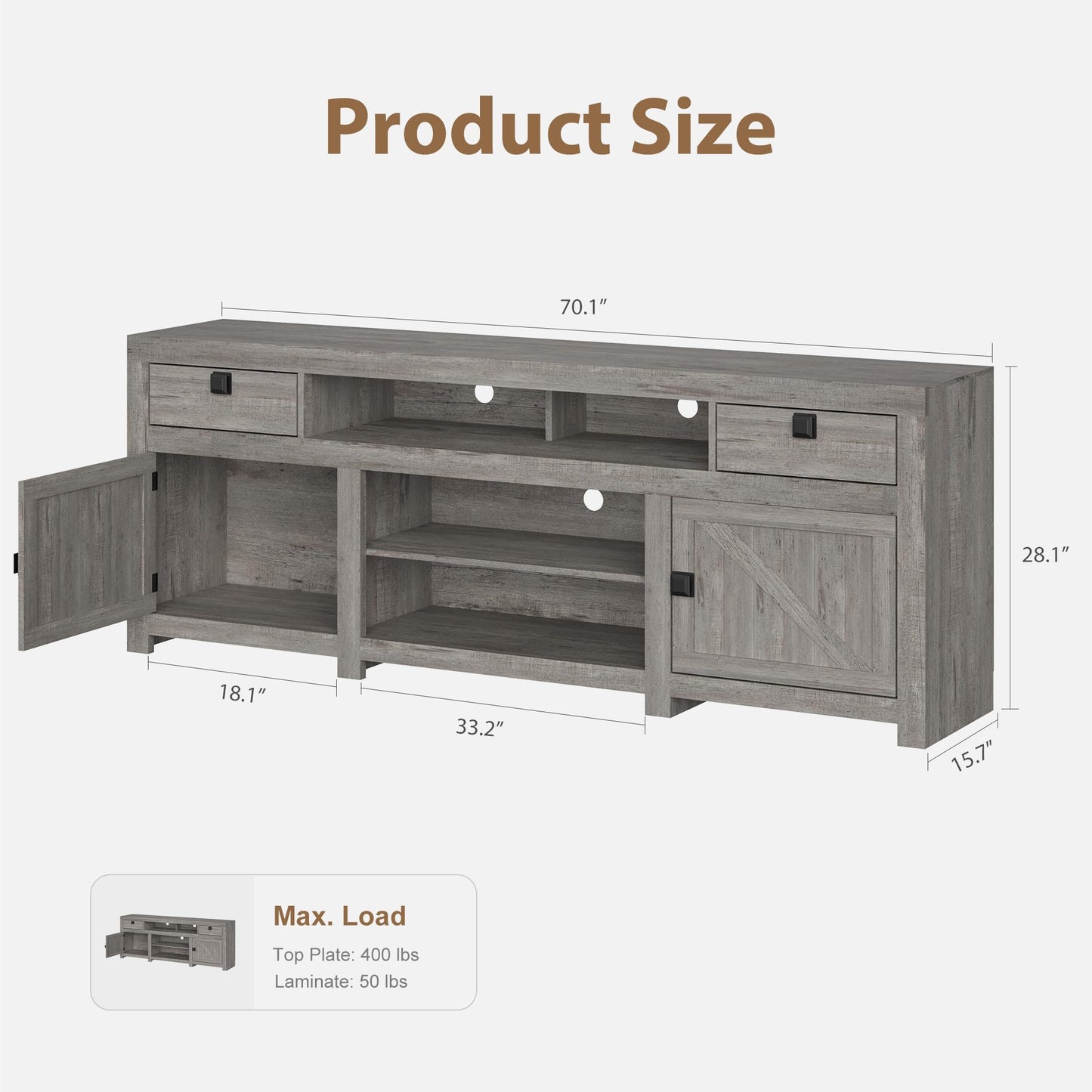 GarveeHome Farmhouse TV Stand for 80 in TVs, Long Entertainment Center with 4 Storage Drawers & 3 Open Shelf, Grey Television Consoles Stands for Living Room, Bedroom