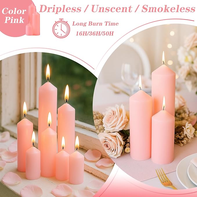 18 Pcs Pink Pillar Candles Bulk Set，Hurricane Candlesï¼? Different Lengths (6 Each)，Dripless Unscented Smokeless，Gives You a Better Atmosphere When Organizing Wedding or Event Party.