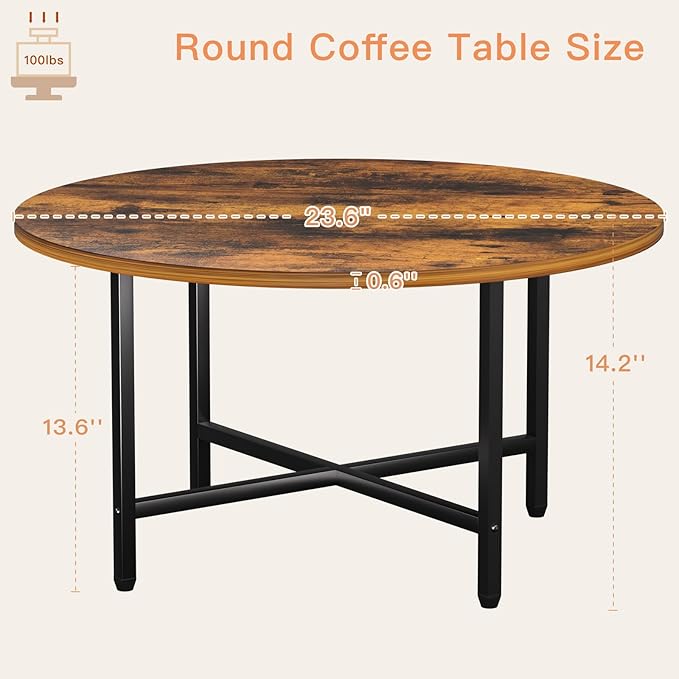 FAMIDGE Round Coffee Table, 23.6" Small Coffee Tables for Living Room, Circle Coffee Table with Metal Frame, Floor Table Desk for Sitting on The Floor, Home, Office, Rustic Brown