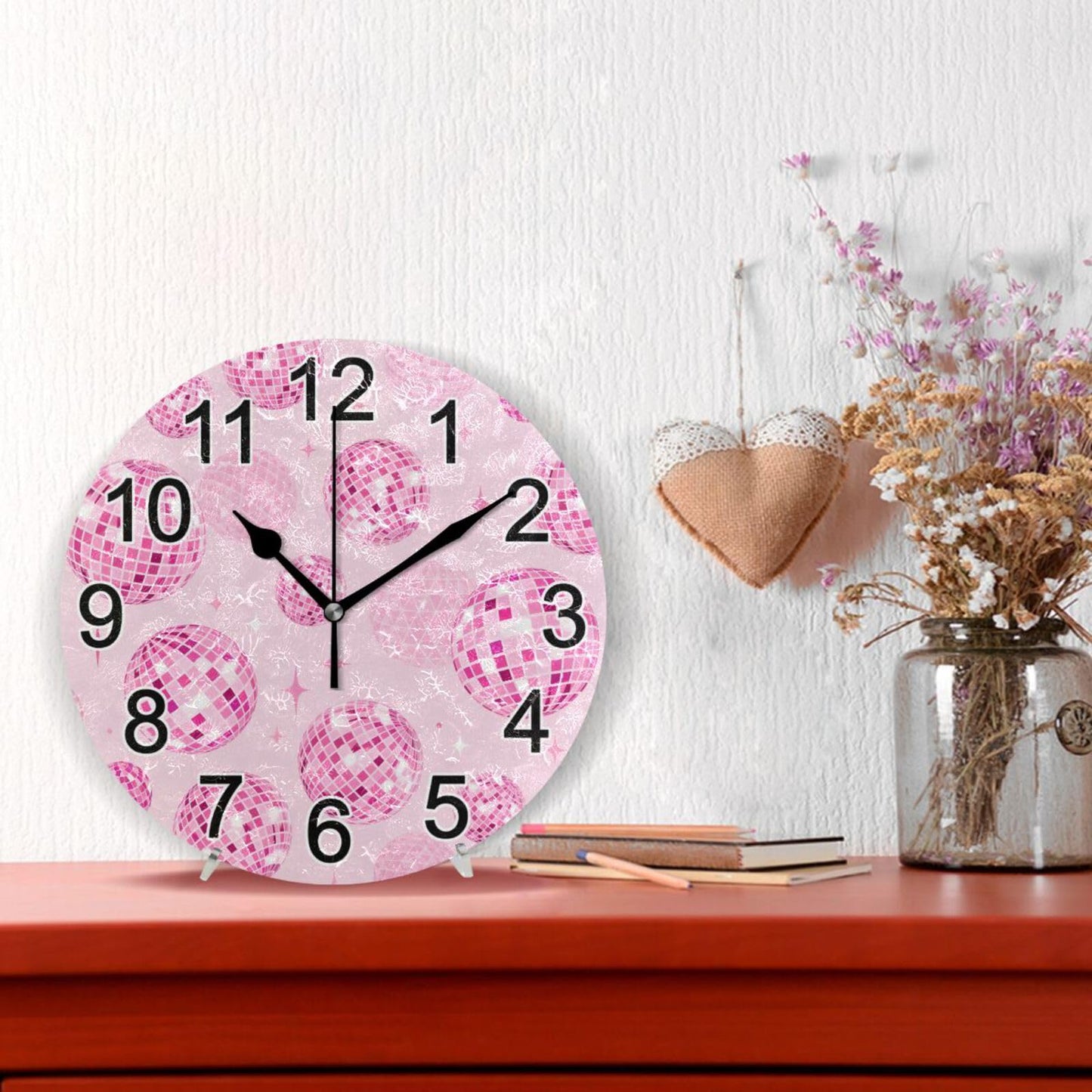 BOENLE Disco Balls Pink Wall Clock Non Ticking Silent Kitchen Clock Large Decorative Battery Operated Clocks 10 inch for Living Room Bedroom Decor
