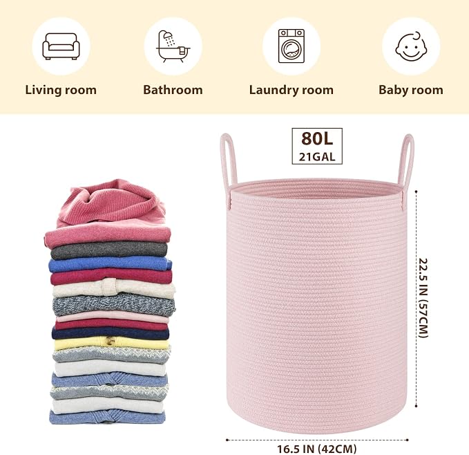 OIAHOMY Large Laundry Basket Hamper - 80L Cotton Rope Woven Basket for Blankets, Toys, Clothes - Tall Decorative Nursery Hamper with Long Handles, Pink