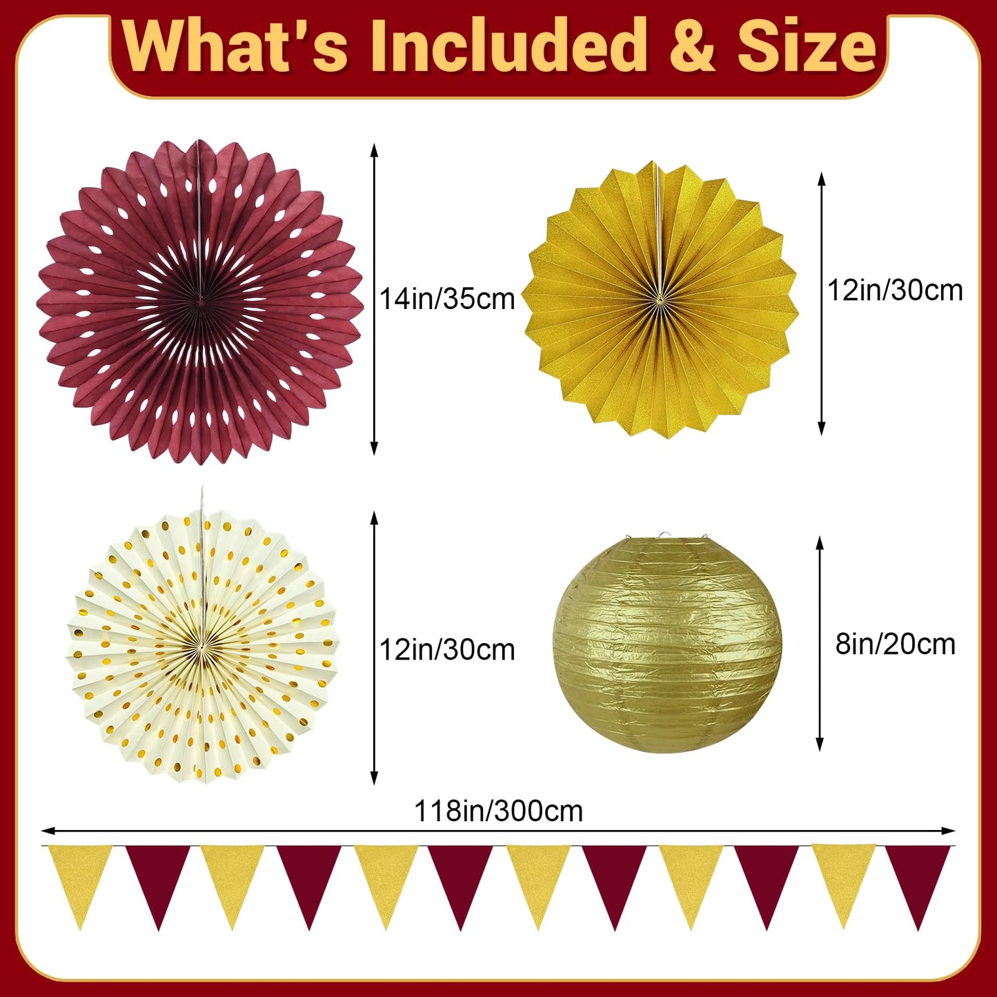 13 Pcs Maroon and Gold Party Decorations Set, Burgundy Gold Cream Hanging Paper Lanterns, Fans & Banner for Graduation Decorations 2026, Wine Party, Adult Birthday, Class Reunion