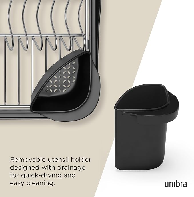 Umbra Sinkin Dish Drying Rack – Drainer with Cup Holders and Removable Cutlery Caddy – Use Over Sink, in Sink, or On Counter, Deluxe, Black/Nickel