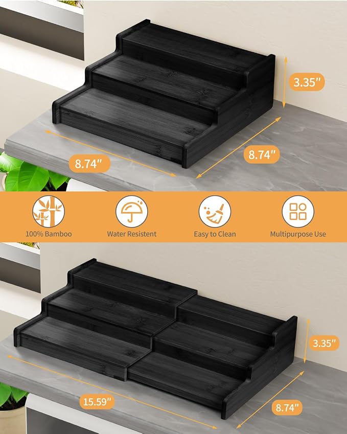 VenDotbi Spice Rack, 3-Tier Expandable Bamboo Spice Rack Organizer for Cabinet, Kitchen, Pantry and Cupboard Storage Organizer-Black(2pack)