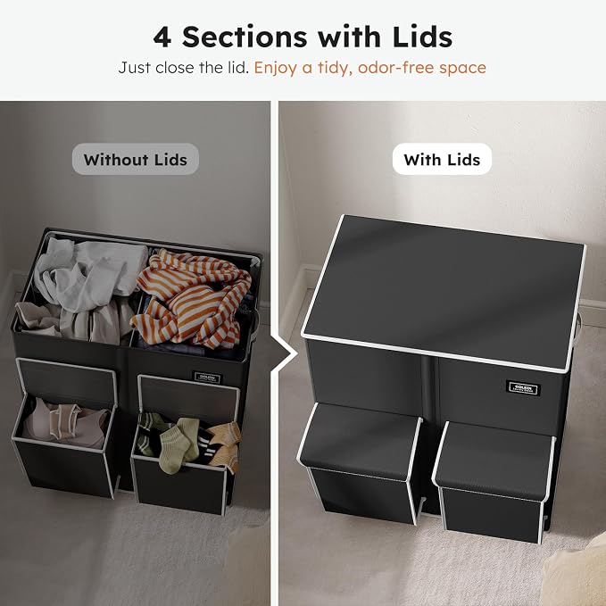 SOLEDI Double Laundry Hamper with Lid, 47.8 Gal (180L) Large Laundr Basket 2 Section with 2 Side Pockets, Dirty Clothes Hamper with Removable Bag, Easy to Carry for Laundry Room, Bedroom, Black