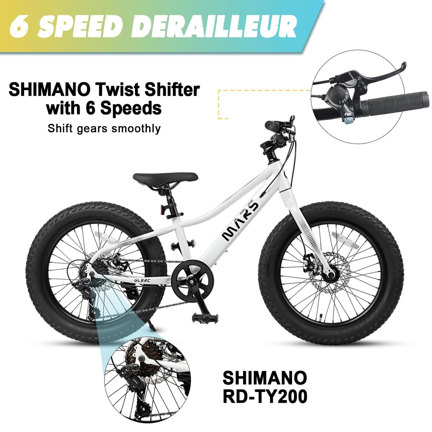 Glerc Mars Kids Mountain Bike, 20 Inch Fat Tire Bike for Teen Ages 6-12 Year Old, Bicycle with 2.8-Inch Wide Tires and 6 Speed Drivetrain, White