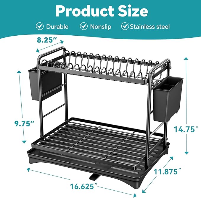 Simple Trending Dish Rack, Dish Drying Rack 2 Tier, Stainless Steel Dish Drainers with Utensil Holder and Drainboard for Kitchen Sink Organizers, 12" w x 16.6" L, Black
