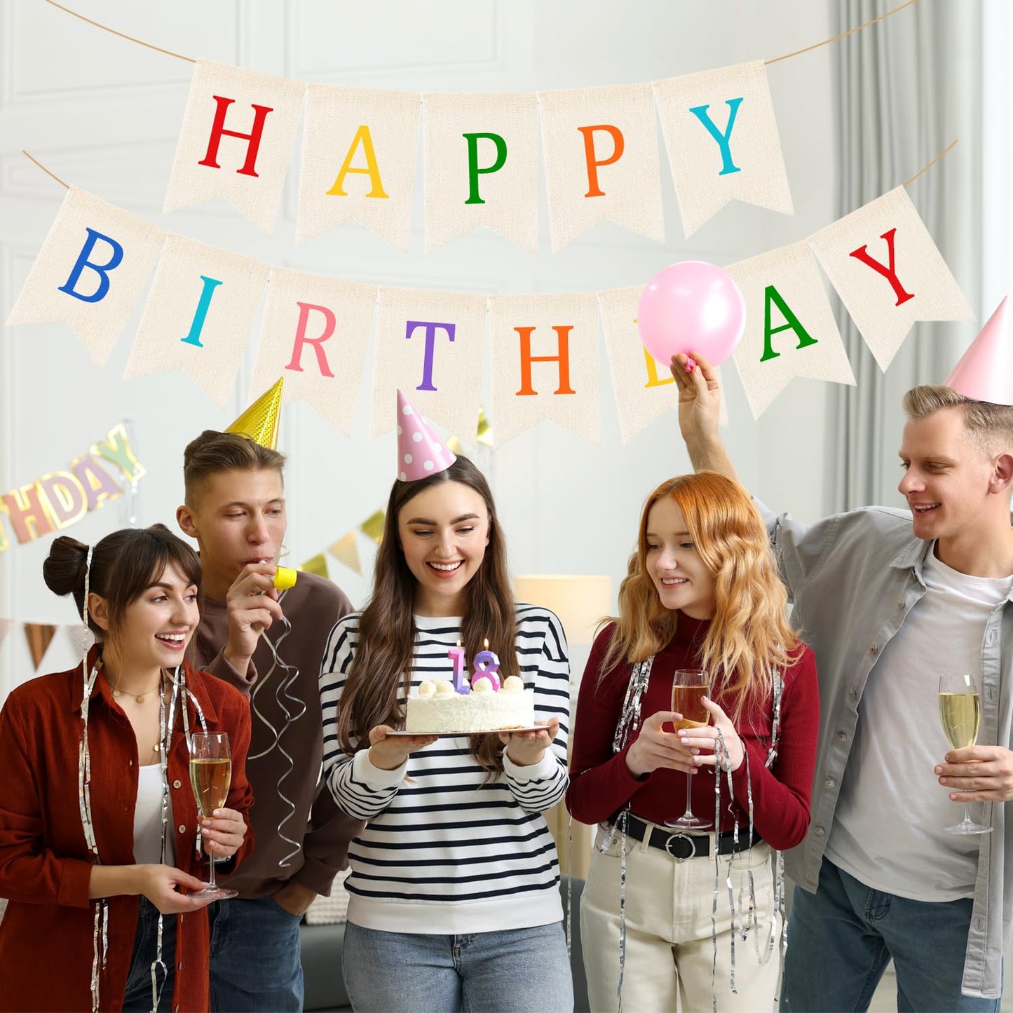 Doumeny Happy Birthday Burlap Banner Boho Birthday Garland Banner Rainbow Bohemian Bunting Garland White Birthday Hanging Bunting Multicolor Birthdays Sign Party Flag for Home Mantel Fireplace Nursery