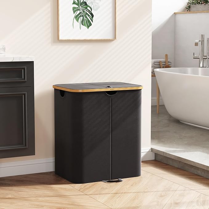 Lifewit 120L Double Laundry Hamper with Lid, Large Laundry Basket with Removable Bag & Bamboo Handles, Fodable Tall Dirty Clothes Hamper for Laundry Collapsible Bin for Bathroom Bedroom Dorm, Black