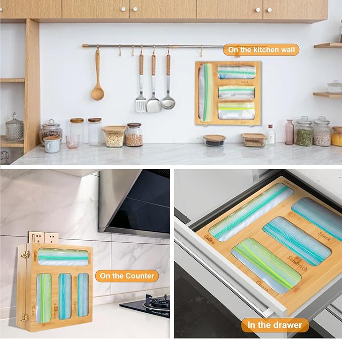 Bamboo Food Bag Organizer for Kitchen Drawer, a bamboo 4 slots - made dispenser container for plastic bags.Suitable for Gallon Quart Sandwich & Snack Variety Size Bag