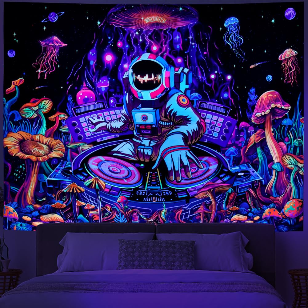 Amhokhui Blacklight Astronaut Tapestry UV Reactive Funny DJ Music Tapestry Trippy Aesthetic Tapestriesy Galaxy Space Tapestries Flower Wall Hanging Decor for Home