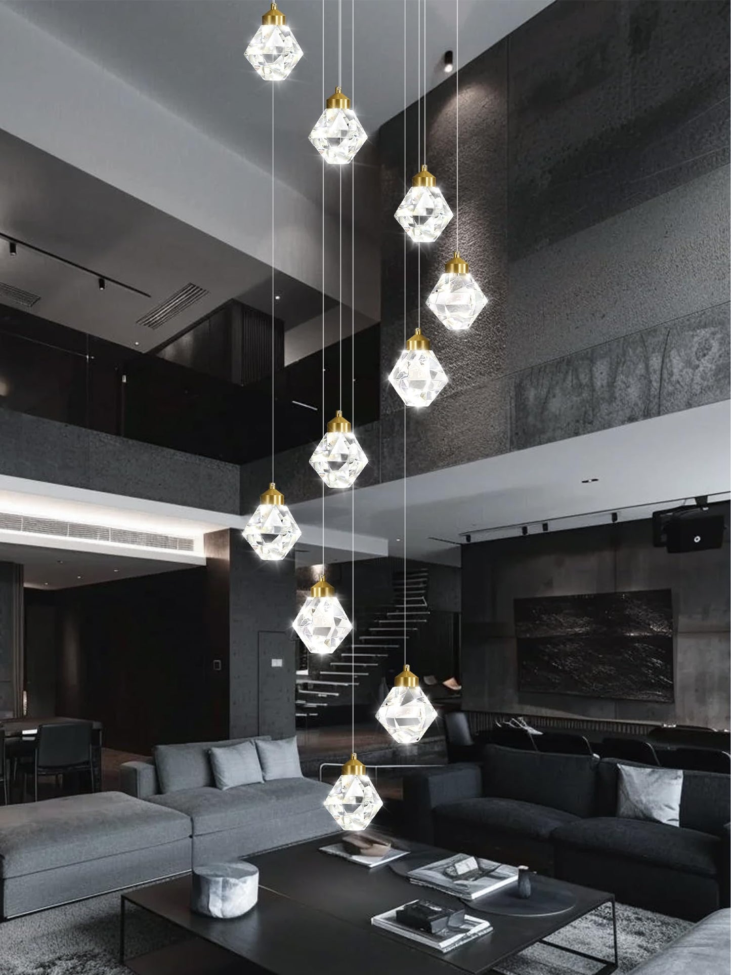 Shial Lighting 10-Light Modern Chandelier for Entrance Crystal Chandeliers for Living Room Gold Pendant Light Fixture Staircase Chandeliers for High Ceilings Dimmable LED Hanging Light with Remote