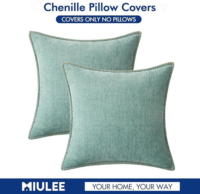 MIULEE Pack of 2 Summer Throw Pillow Covers 20x20 Inch Coastal Light Blue Farmhouse Cottage Decorative Pillow Covers Stitched Edge Soft Chenille Pillow Covers for Couch Sofa Bed Living Room,Aqua Haze