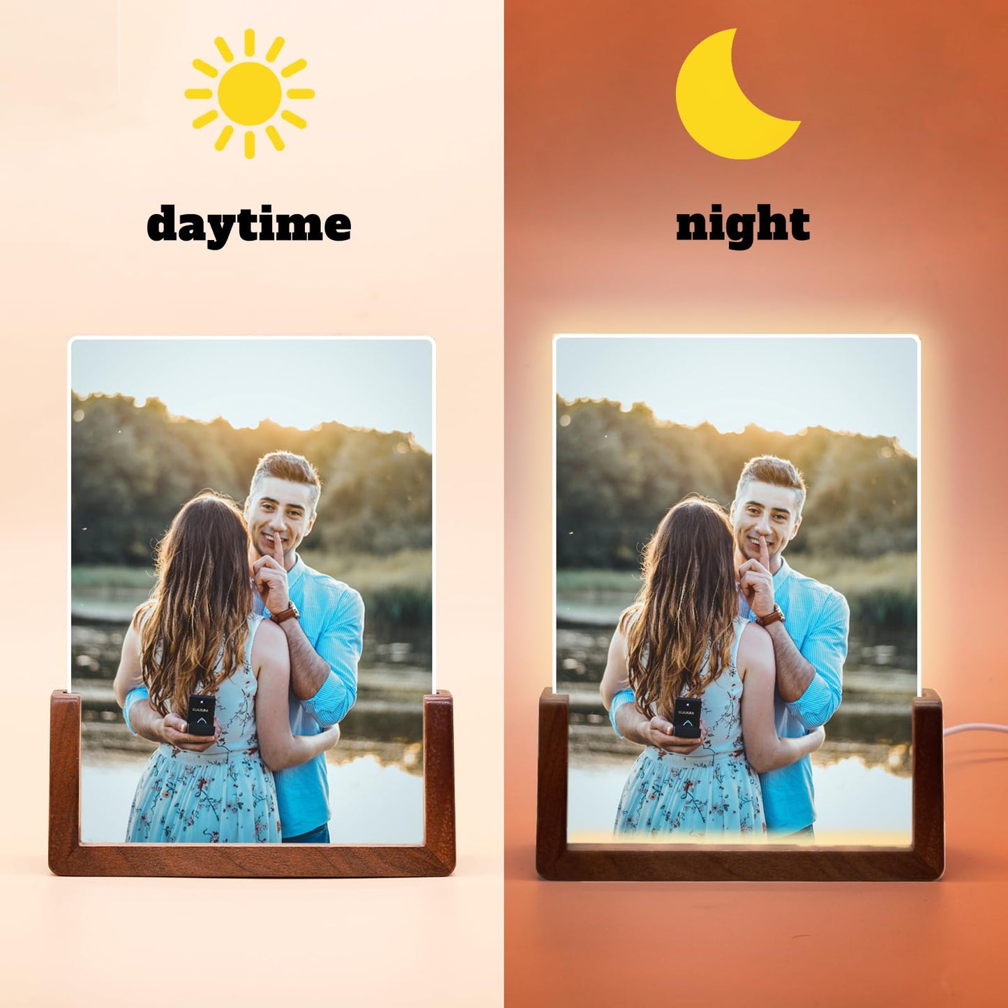 HETOOSHI Walnut LED Night Light Photo Frame - Illuminated Acrylic Picture Frame with Glowing Wooden Base, USB Powered Including charger, Easy Photo Swap (Vertical, 4X6 inch ﻿)