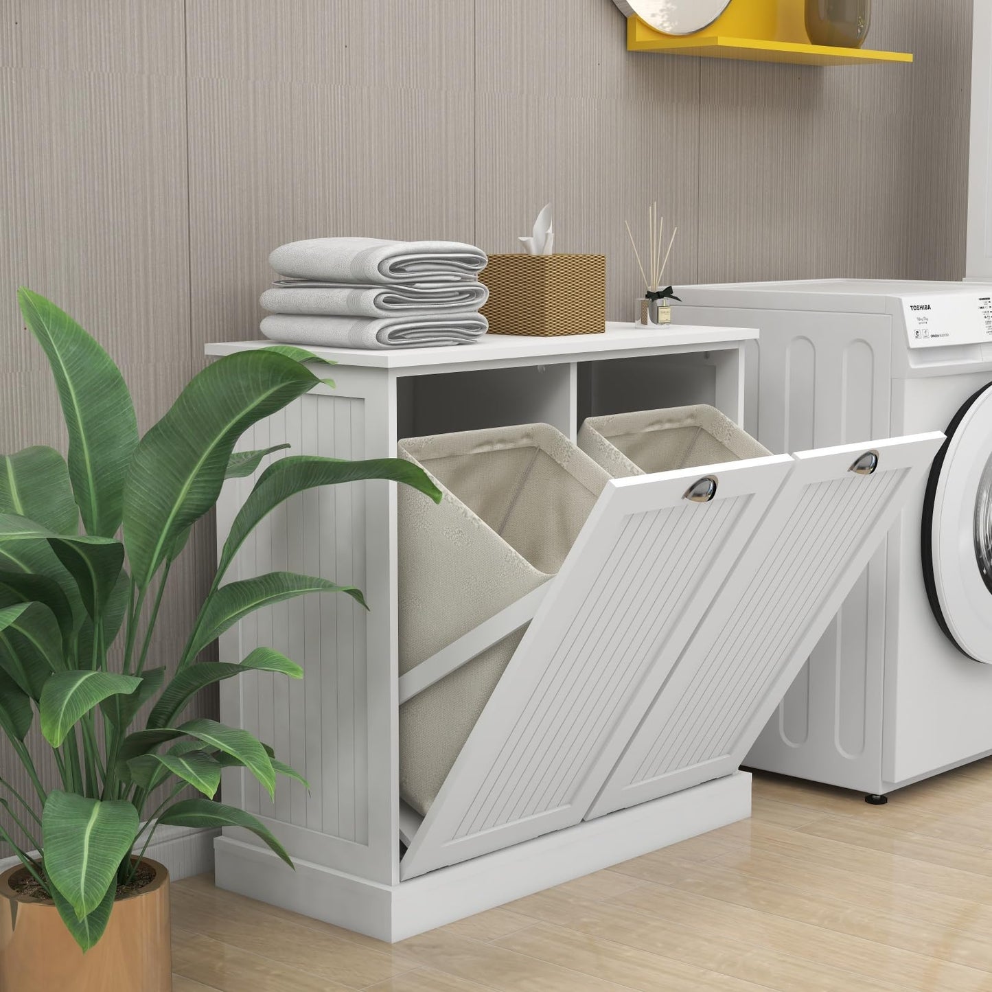 KCSWKJ Two-Compartment Tilt-Out Laundry Sorter Cabinet-White