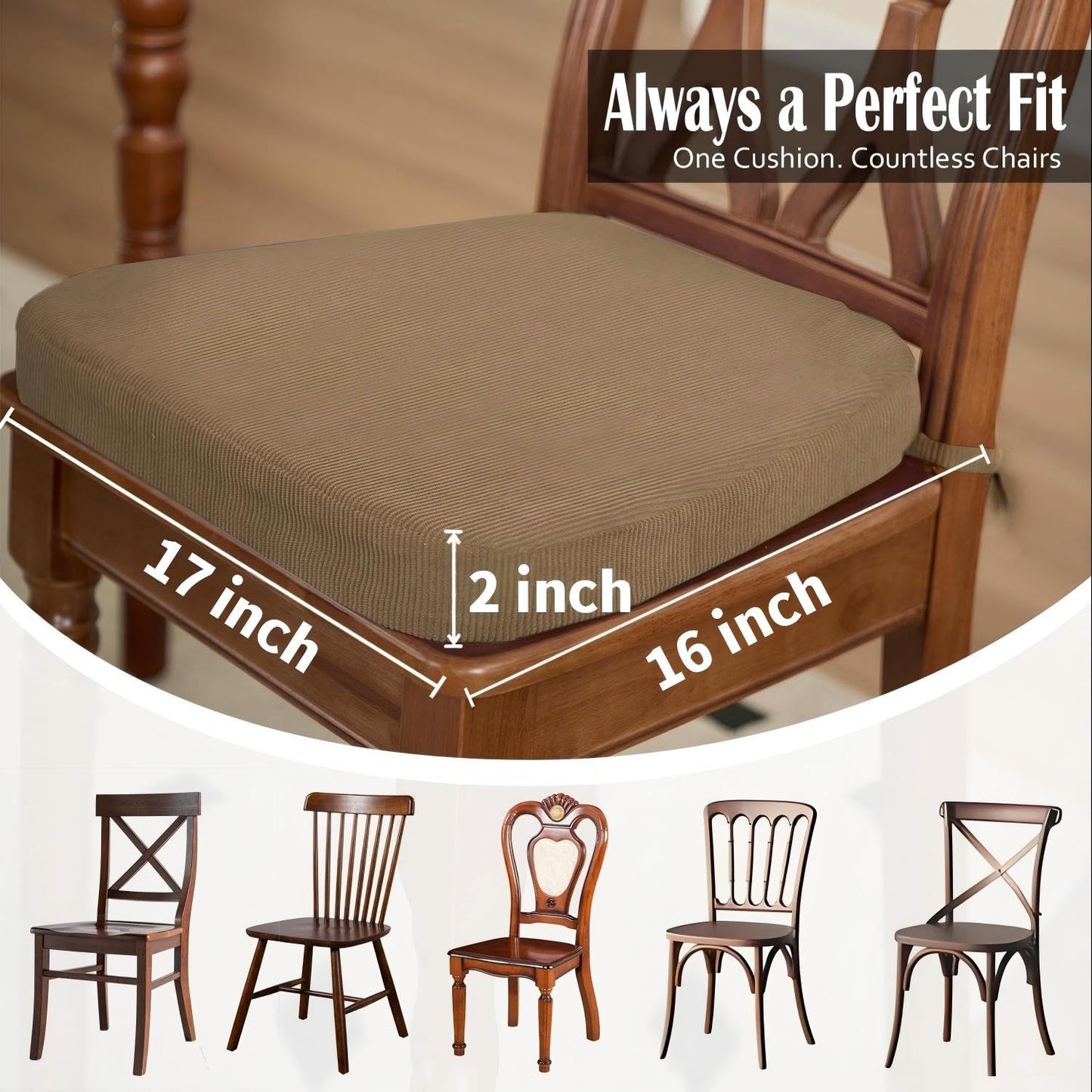 Nobildonna 2'' Thick High-Density Foam Indoor Chair Cushions | Dining Chair Pads with Ties, Removable Washable Cover, Kitchen Chair Cushions 17"x16",Light Brown 4 Pack