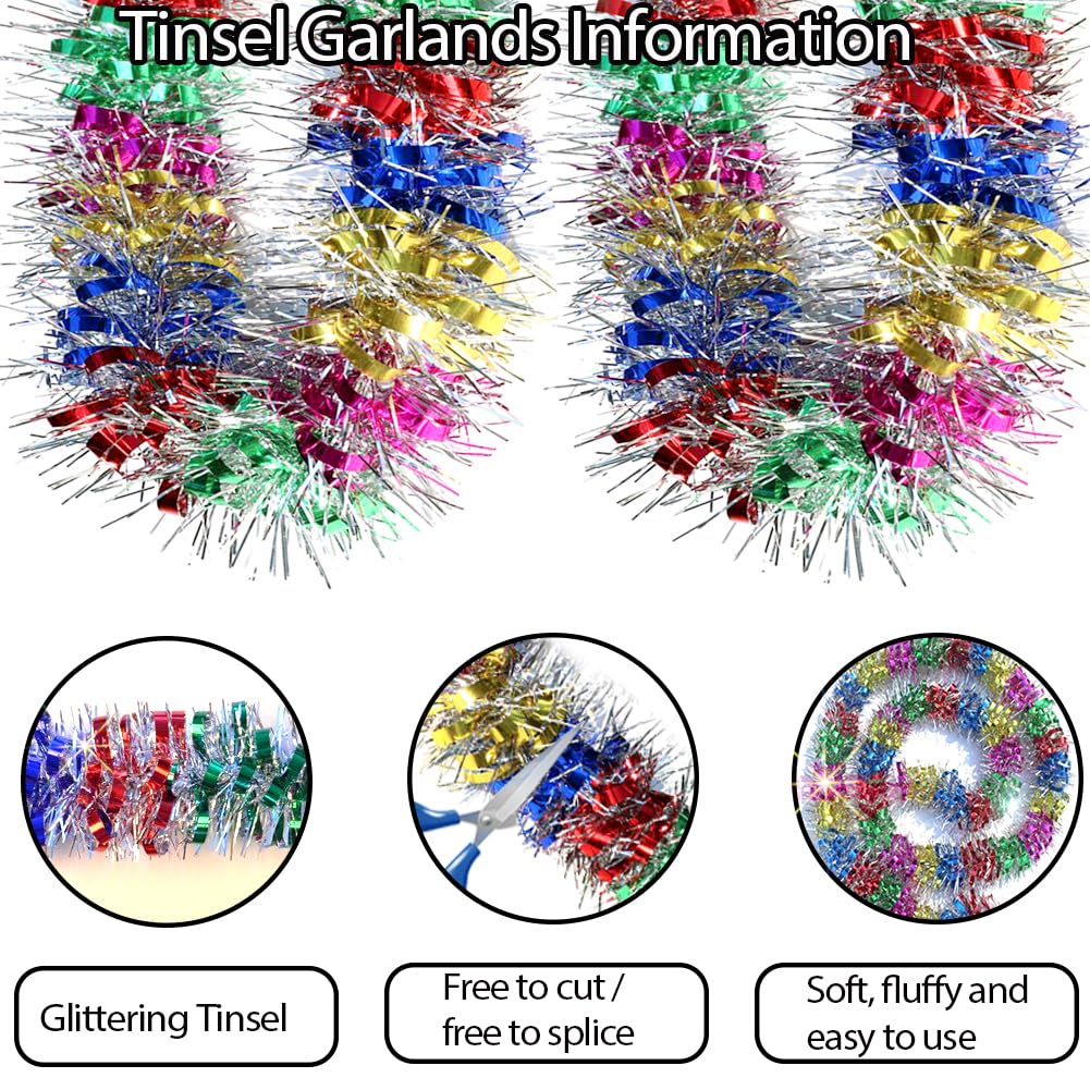 33Ft Christmas Tinsel Garland Shiny Thick Tinsel Decor Xmas Tree Decorations Metallic Twist Foil Garland for Birthday Teachers' Day New Year Parties Indoor Outdoor Party Supplies - Colourful 1